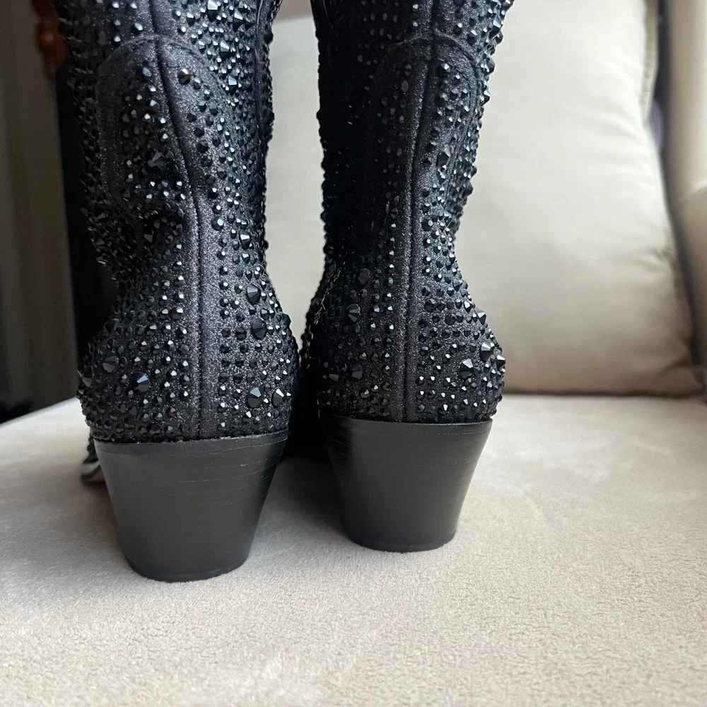 Jessica Simpson‎ 9 M Black Rhinestone Western Ankle Boots Pointed Toe Block Heel